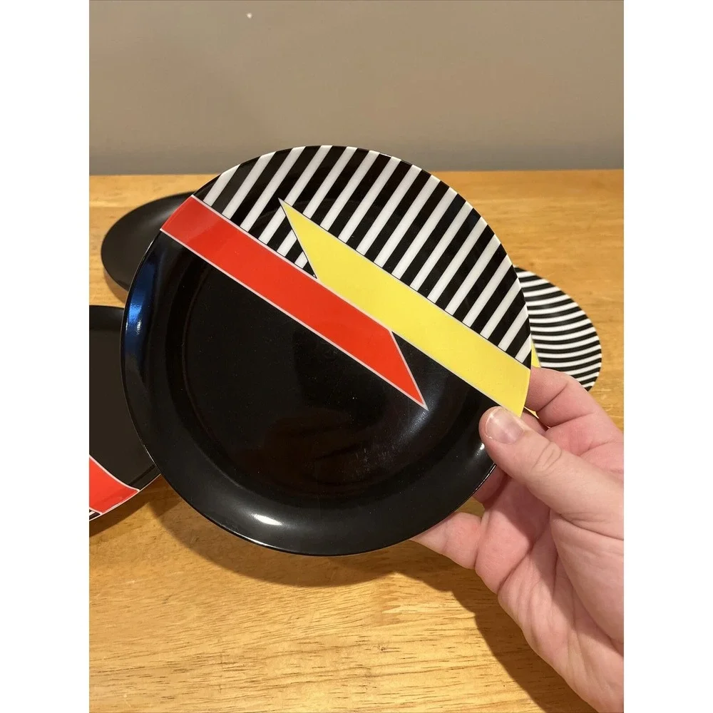 Vtg Fitz & Floyd Accolade Salad Plates‎ Black Stripes Yellow Red Set of 4 Japan